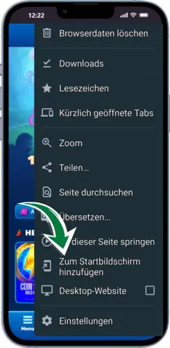 Chicken Road Browser Menü auf Android öffnen