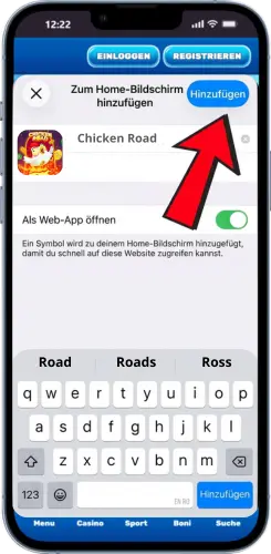 Chicken Road Shortcut auf iOS mit Hinzufügen bestätigen